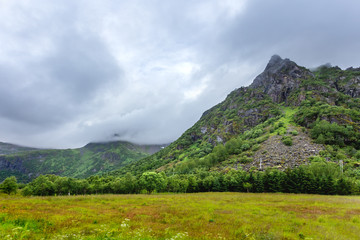 Beautiful scandinavian landscape with meadows and mountains. Lofoten islands, Norway.