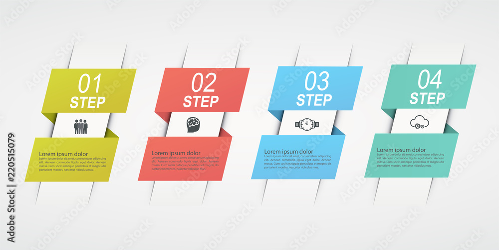 Aufkleber design infographics with 4 steps. business concept block diagram, information graph, workflow.