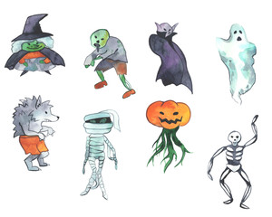 Hand drawn watercolor Halloween illustration. Different Halloween characters isolated on white background. For cards,  invitations, posters or prints.