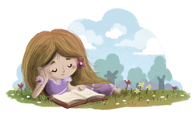Obraz na płótnie Canvas niña leyendo un libro en el campo tumbada