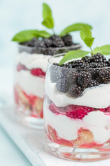 Fresh healthy multilayered dessert trifle with raspberries and blackberries on pastel blue background.