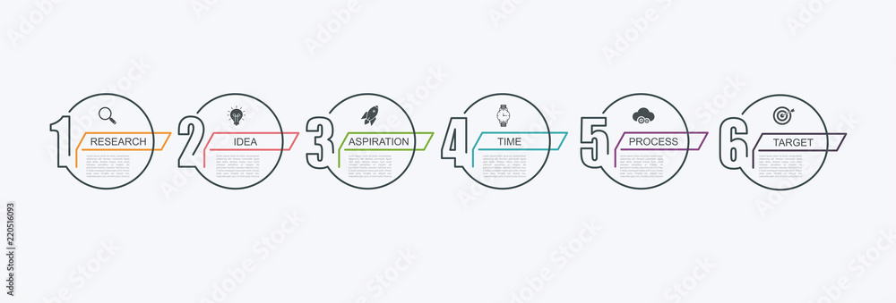 Aufkleber timeline infographic design template with step structure. business concept with 6 options pieces or 