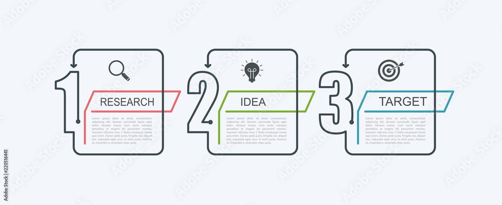 Aufkleber timeline infographic design template with step structure. business concept with 3 options pieces or 