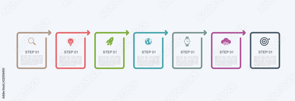 Aufkleber timeline infographic design template with step structure. business concept with 7 options pieces or 