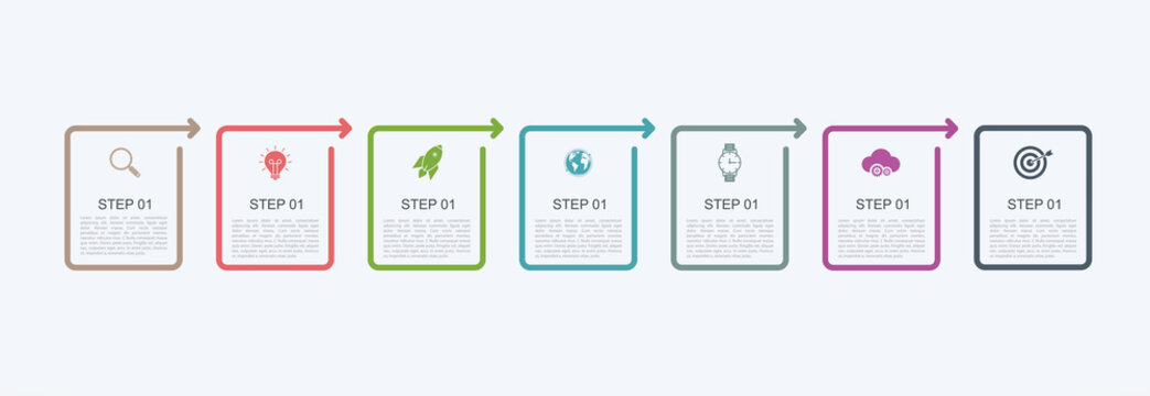 Timeline infographic design template with step structure. Business concept with 7 options pieces or steps. Block diagram, information graph, presentations banner, workflow.