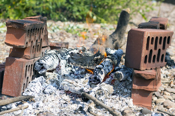 Burning log and ash, fire, brick in the nature
