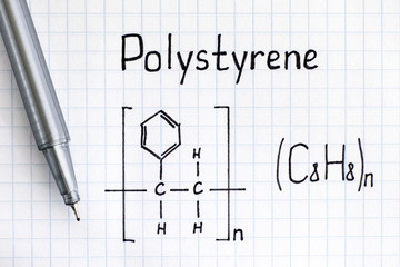 Chemical formula of Polystyrene with pen.