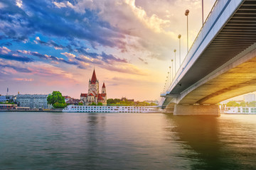 Church of St. Francis of Assisi in Vienna, view from the Donauisel bridge over the Danube, during...
