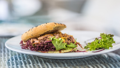 Tasty kebab burger from vegetable salad on plate