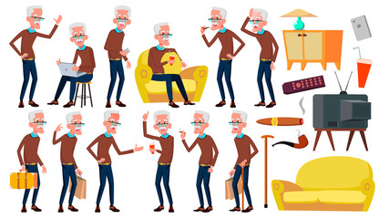 Old Man Poses Set Vector. Elderly People. Senior Person. Aged. Caucasian Retiree. Smile. Web, Poster, Booklet Design. Isolated Cartoon Illustration