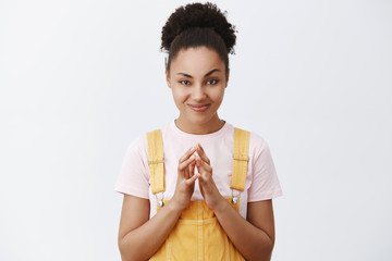Perfect. Portrait of smart and creative female african american evil strategist, smirking and...
