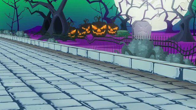 halloween, road with cemetery, pumpkins, scary trees in full moon night. 2D illustration cartoon
