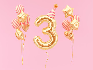 Number Three 3d rendering. Three-year anniversary or birthday with party hat and bunch of foil balloons.
