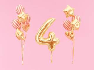 Number Four 3d rendering. Four-year anniversary or birthday with party hat and bunch of foil balloons.