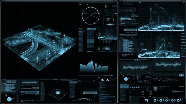 Perspective view of futuristic interface/Digital screen.Detailed abstract background with blinking and switching indicators and statuses showing work of command center, processing big data, machine de