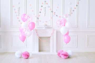 Children birthday. Decorations for birthday. Decorations for holiday party. A lot of balloons pink and white colors. 
