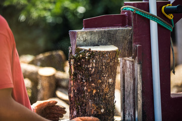 Firewood split with wooden splitter