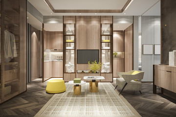 3d rendering loft luxury living room with bookshelf