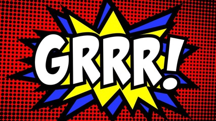 A comic strip cartoon with the word Grrr. Green and halftone background, star shape effect.
