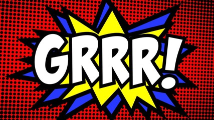 A comic strip cartoon with the word Grrr. Green and halftone background, star shape effect.
