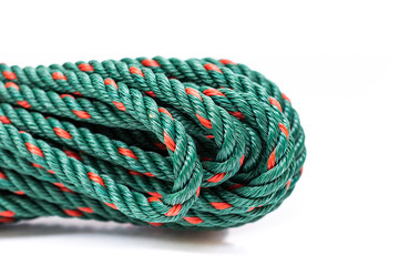 close-up of nylon rope bundle on white background