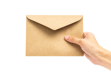 hand holding brown envelope isolated on white background with clipping path