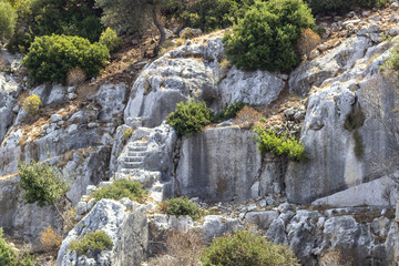 Wide shoot of historical stairs which belongs to Lycian people near Mediterranean sea