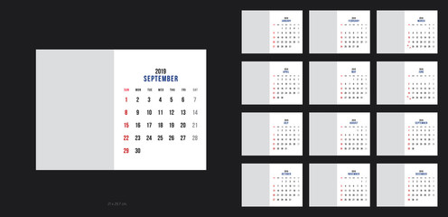 Vector design template of calendar for 2019 year.