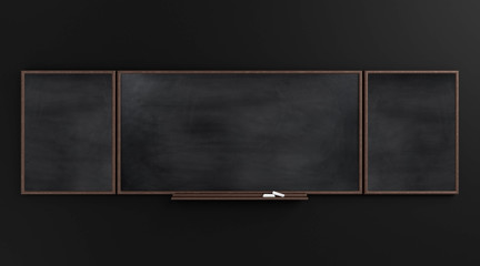 Empty old, vintage black board (chalkboard) on black wall - 3D rendering