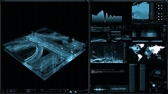 Perspective view of futuristic interface/Digital screen.Detailed abstract background with blinking and switching indicators and statuses showing work of command center, processing big data, machine de