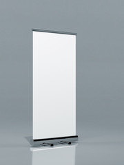 Outdoor Advertising Stand Banner (empty roll-up poster) - mockup template on gray background. 3D rendering
