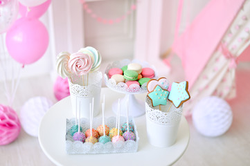 Cakes for children birthday. Children birthday. A lot of cakes. A lot of balloons. 