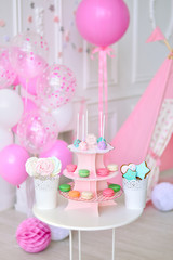 Children birthday. Girl birthday. Decorations for birthday party. A lot of balloons pink and white colors. 