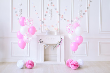 Girl birthday. Decorations for holiday party. A lot of balloons. Pink balloons. white balloons. 
