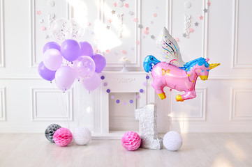 Girl birthday. Decorations for holiday party. A lot of balloons. Pink balloons. white balloons. 