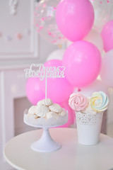 Children birthday. Decorations for holiday party. A lot of balloons pink and white colors. 