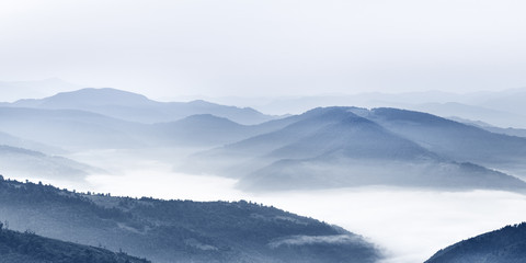 Niebieskie stonowane szczyty górskie w oddali, piękny panoramiczny widok na wzgórza. Lokalizacja - Narodowy Karpacki Park Biosferyczny na Ukrainie. Drobne tło. Spektakularna fotografia krajobrazowa. - 220527447