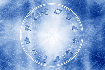 Fototapeta na wymiar Zodiac signs with astrology wheel over blue grunge vintage background 