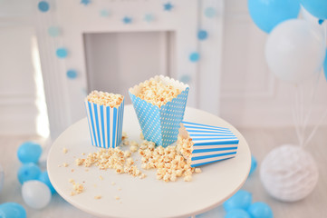 One year birthday decorations. Popcorn party. A lot of balloons. Decorations for holiday party.  © avikki