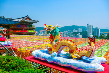Aerial view of Samgwangsa temple in Busan city of South Korea. Thousands of paper lanterns decorate...