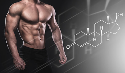 Fototapeta na wymiar Muscular male body and testosterone hormone formula