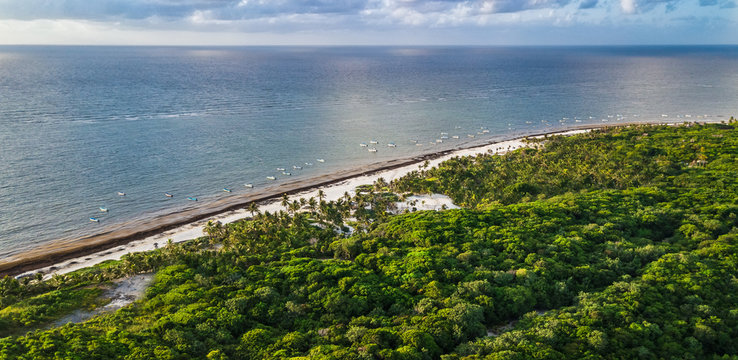 Drone scenic view of a beach in the Sian Kaan national preserved biosphere in Tulum Mexico