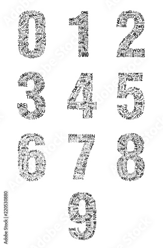 Multilingual Hand Drawn Numbers Zero To Nine Written In Writing Multilingual Hand Drawn Numbers Zero To Nine Written In Writing Concept