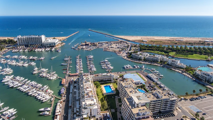 Aerial view of the bay of the marina, with luxury yachts in Vilamoura.