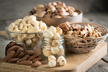 mix of nuts on a wooden table