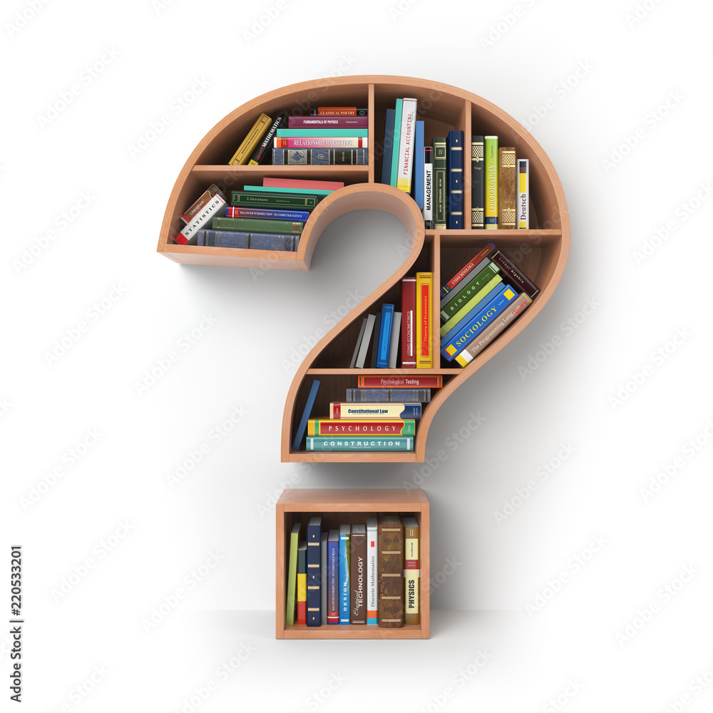 Poster question mark as bookshelf with books. search and education concept.