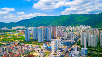 Aerial view of Yangsan city, South Korea. Aerial view from drone