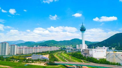 Fototapeta na wymiar Aerial view of Yangsan city, South Korea. Aerial view from drone