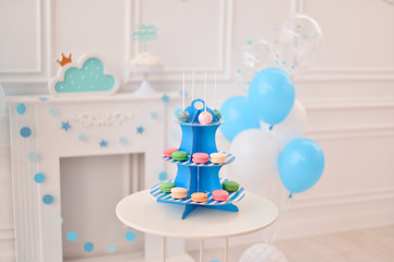 One year birthday decorations. A lot of balloons. Children birthday decorations. 