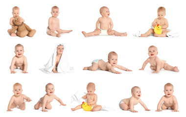 Set with cute baby on white background